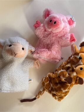 Trio of animal Plush Pink Pig Hand Puppets- Soft Furry Toys giraffe lamb